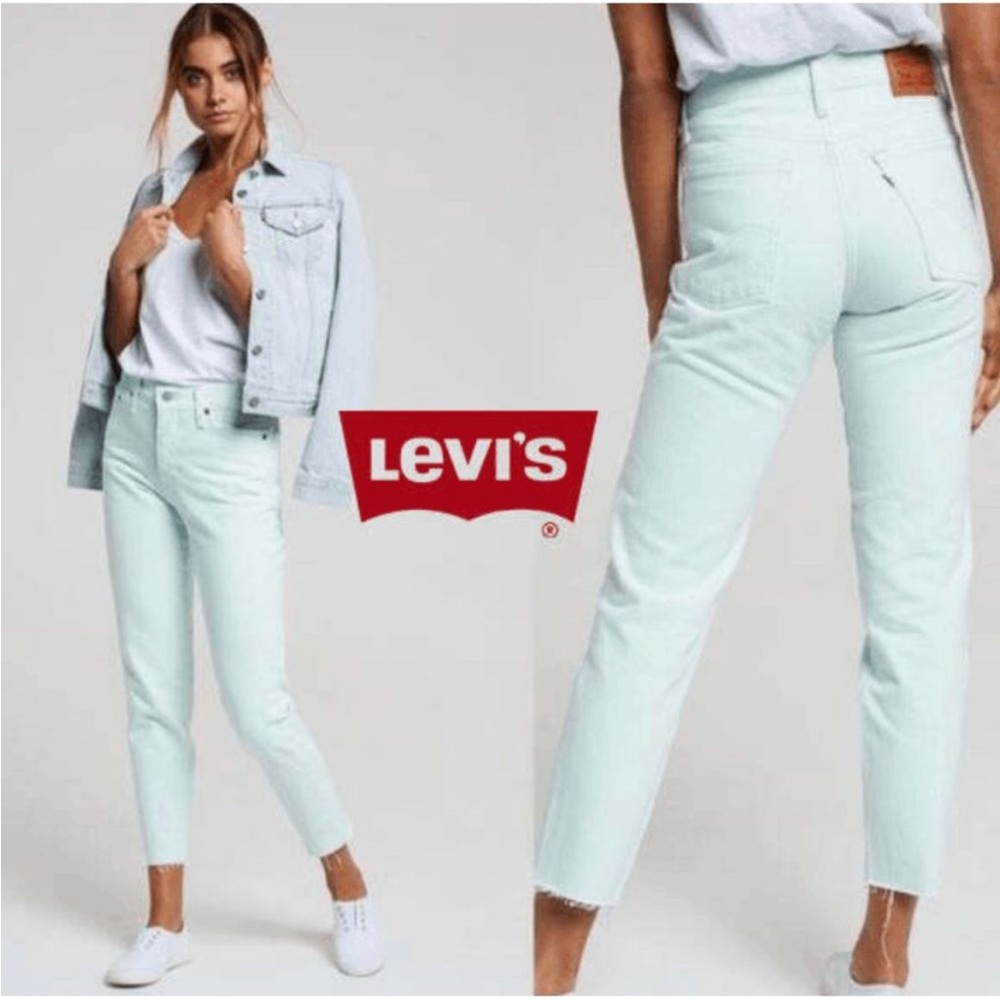 Levi Wedgie Pastel Mint Green Jeans Raw Hem Size 25